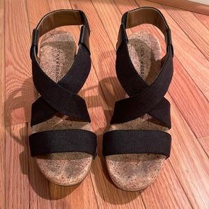 Black wedge sandals with 4 inch heel